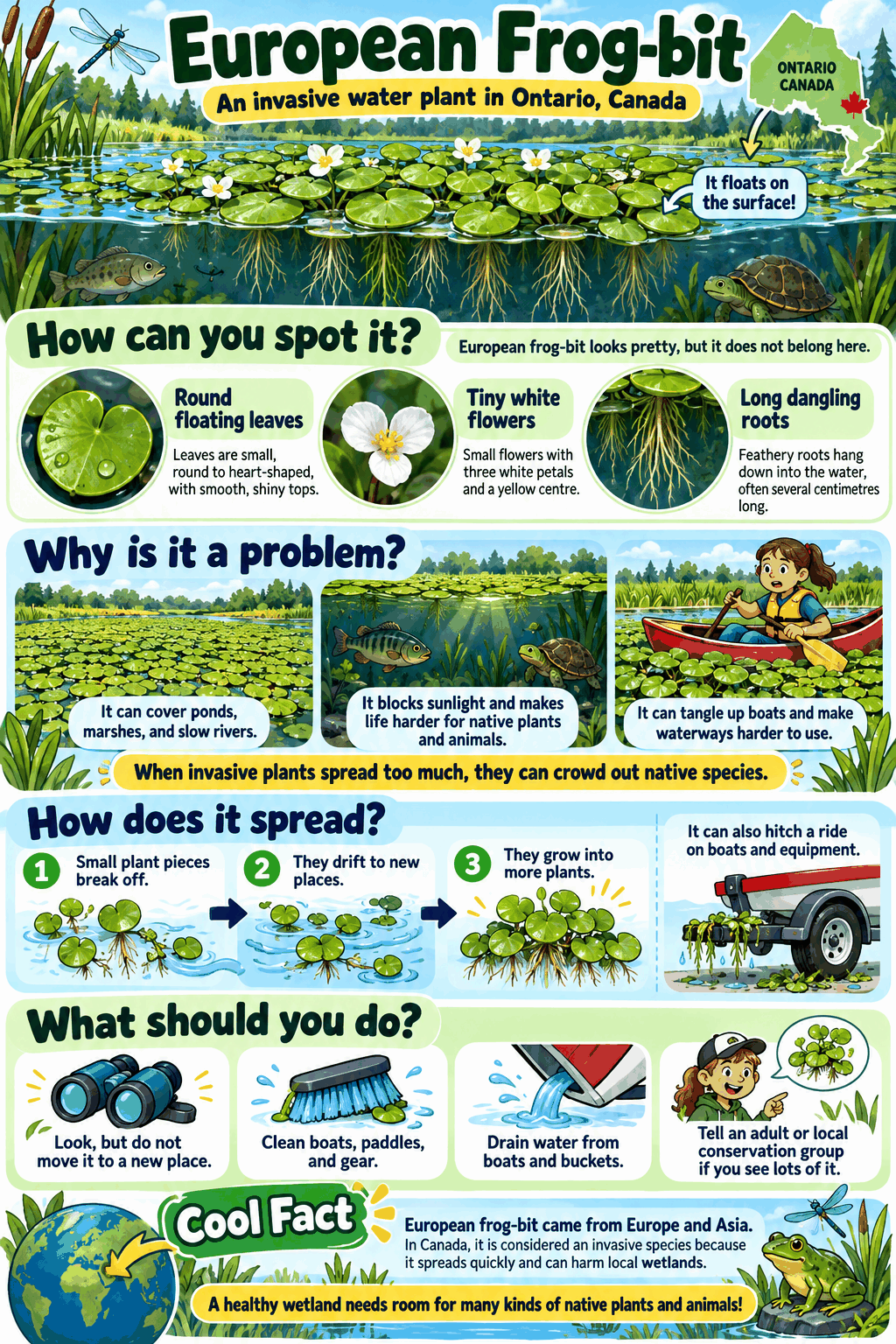 Poster: European frog-bit, an invasive water plant in Ontario, Canada. How to spot it, why it is a problem, how it spreads, what to do, and a cool fact.